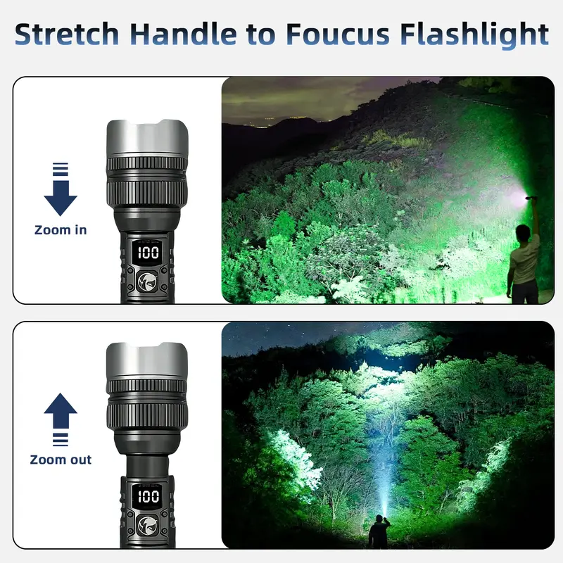 2-in-1 High-Power Flashlight & Power Bank – Rechargeable, Zoomable, with Battery Display