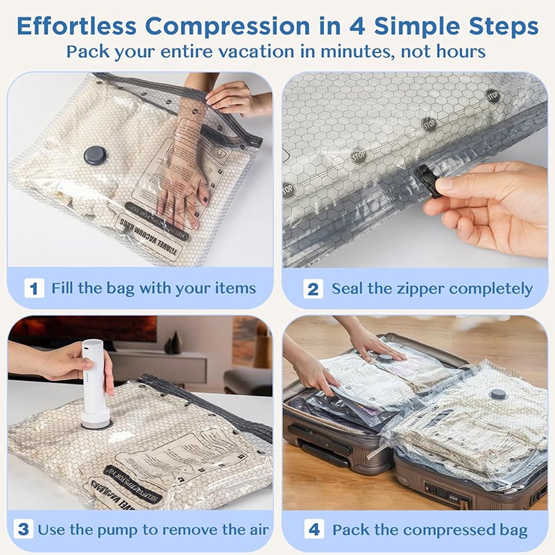 Cordless Travel Vacuum Storage Compression Bag Set - TSA Approved & Reusable | Up to 80% More Space