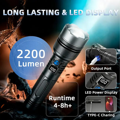 2-in-1 High-Power Flashlight & Power Bank – Rechargeable, Zoomable, with Battery Display