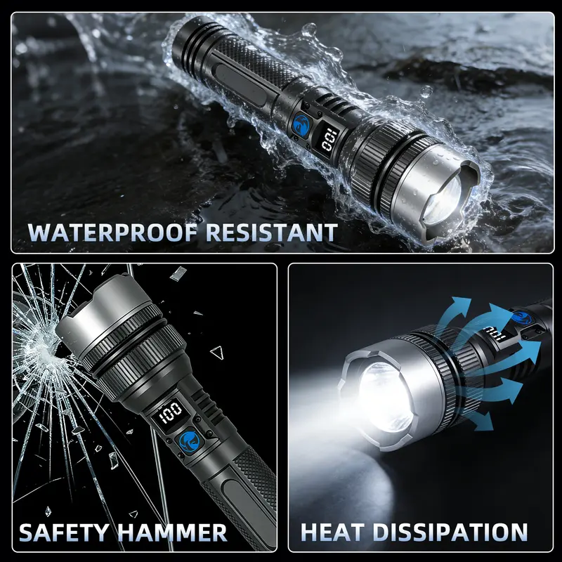 2-in-1 High-Power Flashlight & Power Bank – Rechargeable, Zoomable, with Battery Display