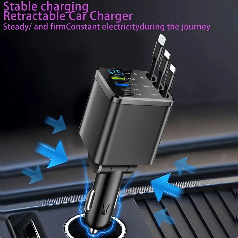 🎁LAST DAY 49% OFF🔥Super Fast Retractable Car Charger – Built-in Type-C & Lightning Cables | 4.0V-3.6W Multi-Port Output