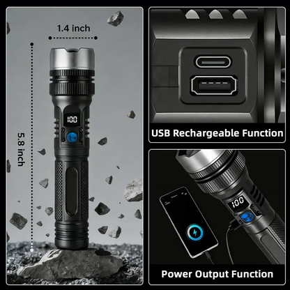 2-in-1 High-Power Flashlight & Power Bank – Rechargeable, Zoomable, with Battery Display