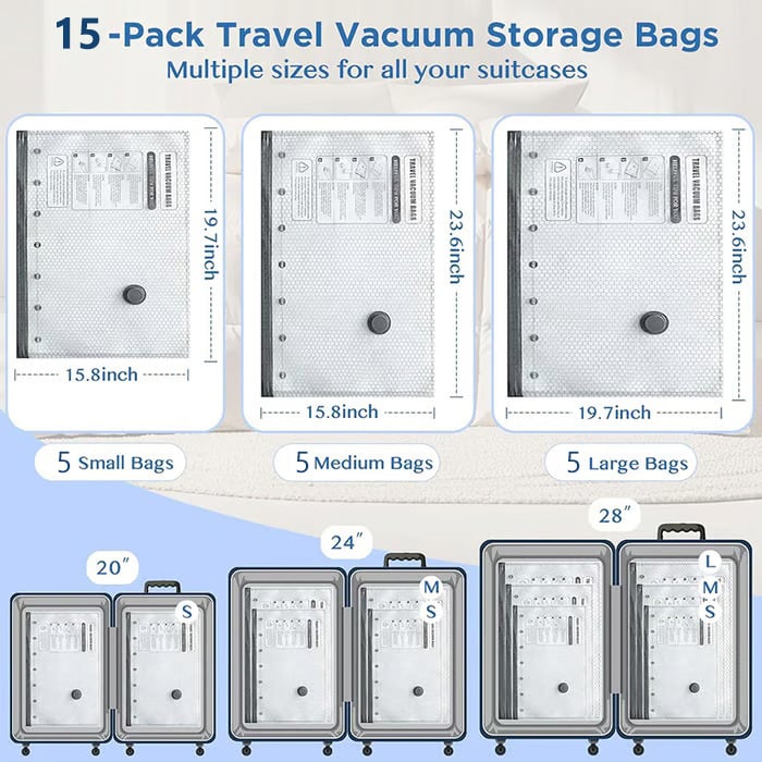 Cordless Travel Vacuum Storage Compression Bag Set - TSA Approved & Reusable | Up to 80% More Space